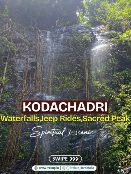 This poster describes the Kodachadri experience: waterfalls, jeep rides, and a sacred peak, making it both a spiritual and scenic journey.