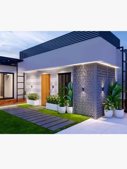 A 3D design for a rooftop structure with a ladder for roof access and planters.
