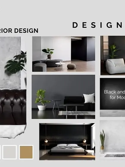 A mood board focused on black and grey interiors for modern luxury. It showcases our ideas for using dark, sophisticated color palettes.