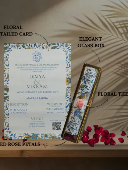 This invitation feels like a gift in itself. Our floral scroll comes in an elegant glass box, surrounded by dried rose petals for a truly romantic presentation.