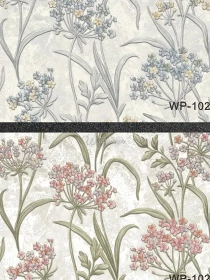 Two color options for a wildflower wallpaper, one with blue flowers and one with pink flowers.