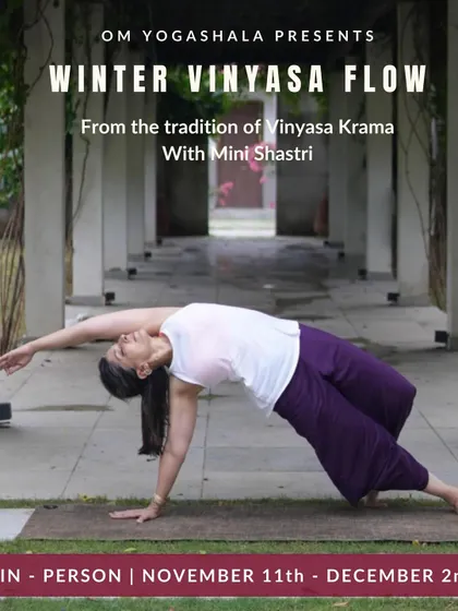 A poster for my "Winter Vinyasa Creative Flow" in-person classes. Even my live classes are part of a hybrid offering, connecting my local and global communities.