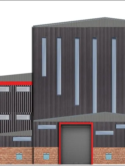 This is an architectural elevation for a massive steel factory in Bulandshahr, UP. The design for this 3.5-acre site features a 24-meter-high structure with a modern industrial aesthetic, using corrugated metal cladding and a brick base.