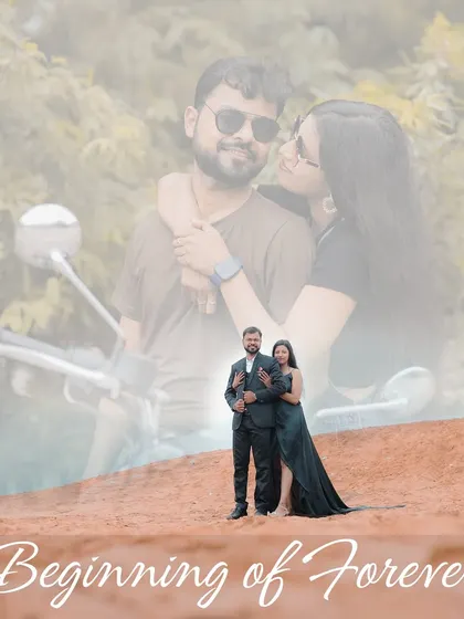 A creative double-exposure portrait combining a close-up of the couple with a wide shot of them on our desert-themed set, marking the "Beginning of Forever."