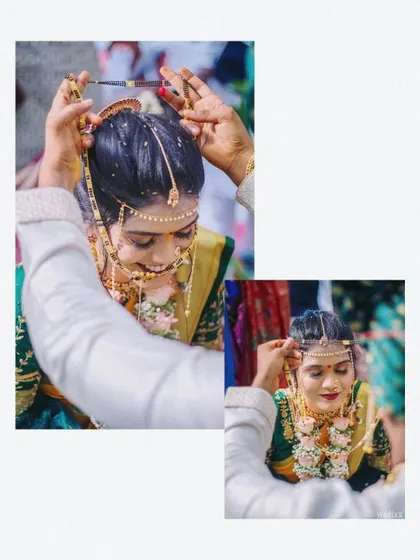 A collage showing the groom placing the mundavalya on the bride, a significant Maharashtrian wedding ritual captured from an intimate perspective.