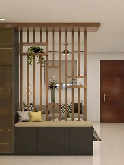 This multifunctional unit acts as a room divider, storage cabinet, and seating bench all in one. The design includes a glass-front crockery display and a cushioned bench with storage underneath.