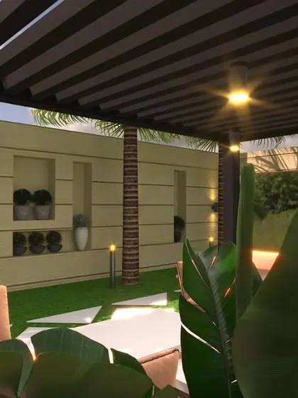 A view from inside the proposed front yard pergola. This render shows the decorative wall niches and lighting that add character to the space.