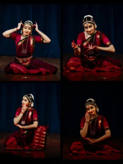 A collage of four different expressions, or 'bhavas', from a single performance, showing the emotional journey of the Nayika.