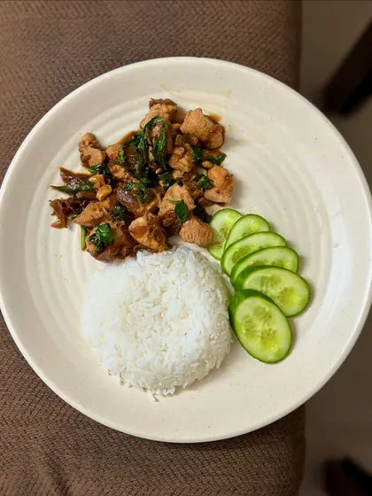 A Thai-inspired meal of basil chicken served with steamed rice and fresh cucumber slices.