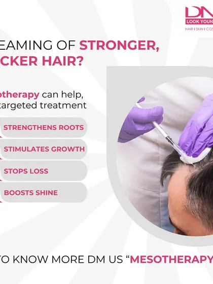 Mesotherapy is a targeted treatment that delivers essential nutrients directly to your hair roots. It is highly effective for strengthening roots, stimulating growth, stopping hair loss, and boosting shine.