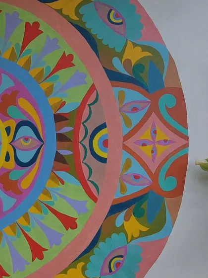 A close-up shot of the intricate patterns and vibrant colors within the eye mandala.