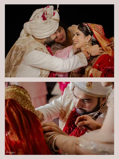 Capturing the little interactions, like a family member adjusting the bride's jewelry during the ceremony.