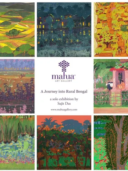 This collection of works by Sujit Das from his solo show, ‘A Journey into Rural Bengal,’ illustrates how we dedicate exhibitions to explore a single artist's perspective. His pieces capture the serene beauty of village life through vibrant color and rich texture.