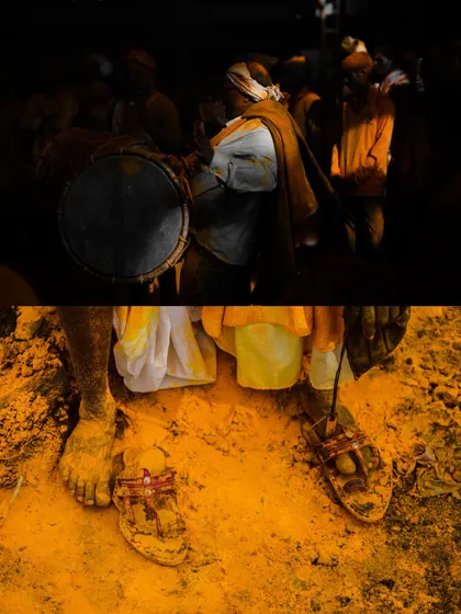 Action shots and crowd scenes from the turmeric festival, capturing the dynamic energy of the celebration. These images show devotees dancing, playing drums, and throwing clouds of yellow powder into the air.