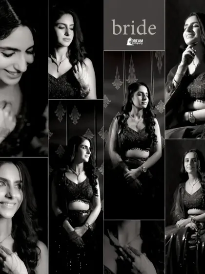 A collage of bride Dakshita's portraits, showcasing her beautiful smiles and elegant poses in black and white.