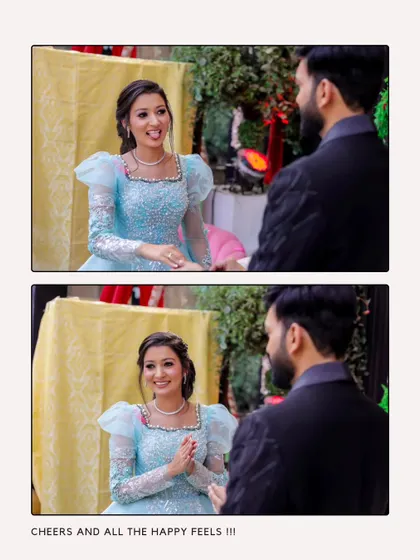 A two-panel shot capturing the bride's joyful reaction upon seeing her groom. These candid moments are the heart of your story.