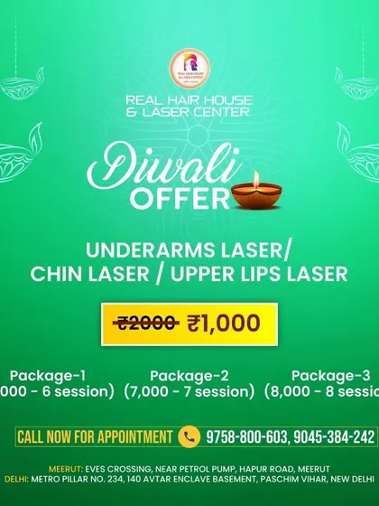 Take advantage of our Diwali offer for smaller areas. Get laser hair removal for underarms, chin, or upper lips for just ₹1,000 per session, down from ₹2,000.