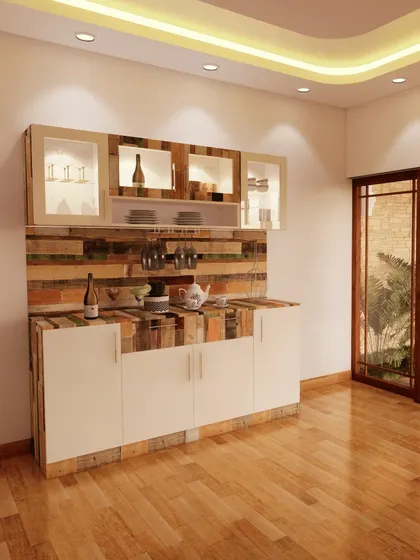 A rustic-chic crockery unit design featuring reclaimed wood accents, perfect for adding character to a dining space.
