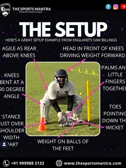 A detailed breakdown of the perfect wicket-keeping setup, using England's Sam Billings as an example. We teach our keepers the importance of a stable stance, correct weight distribution, and hand positioning.
