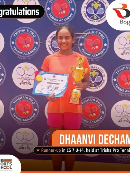 We celebrate Dhaanvi Dechamma's achievement as the finalist in the CS 7 U-14 tournament. Her consistent hard work and dedication are an inspiration to everyone at the academy.