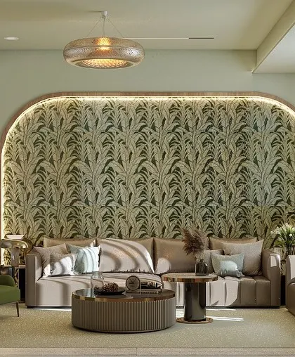 For a bolder look, I used a botanical wallpaper within the arched niche to create a stunning feature wall. This design choice brings life and personality to the living room, complementing the earthy tones of the furniture.