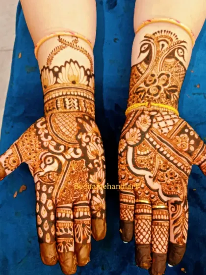 Another view of the beautiful bridal design that mixes different styles on each hand. It's a great way to have a unique and personalized look.