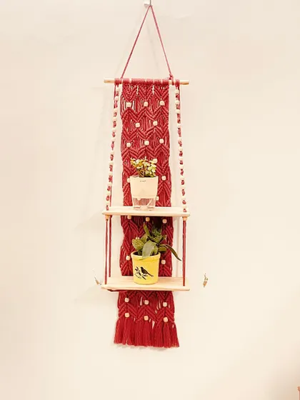 Here is the same two-tier red shelf design, styled with small plants to show how it can bring life to a plain wall. The double shelves offer ample space for a collection of small succulents or decorative objects.