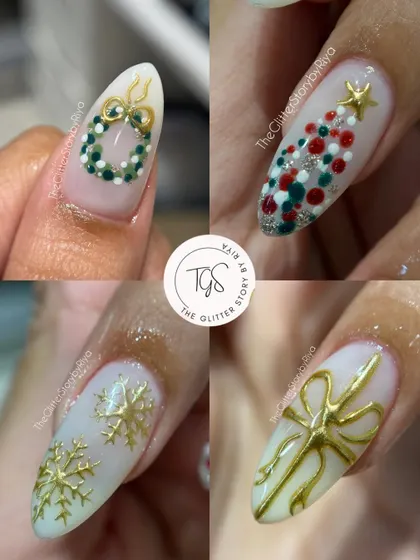 A collage showcasing four different intricate, hand-painted Christmas nail art designs: a wreath, a Christmas tree, snowflakes, and a gift bow.