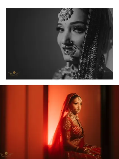 A diptych of the bride's portraits, one in black and white and one with dramatic red lighting. These shots highlight her striking features and the mood of the evening.