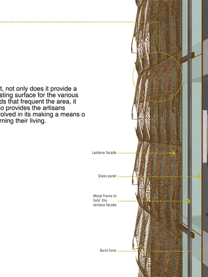 A detailed section of the Lantana facade for the COE, showing how the woven skin is attached to the main building structure, creating a beautiful and sustainable building envelope.