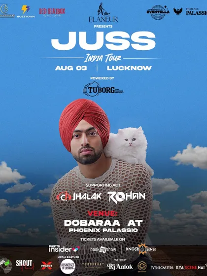 This poster for Juss's India Tour stop in Lucknow showcases a clean and effective design used to promote club gigs and sell tickets through multiple online platforms.