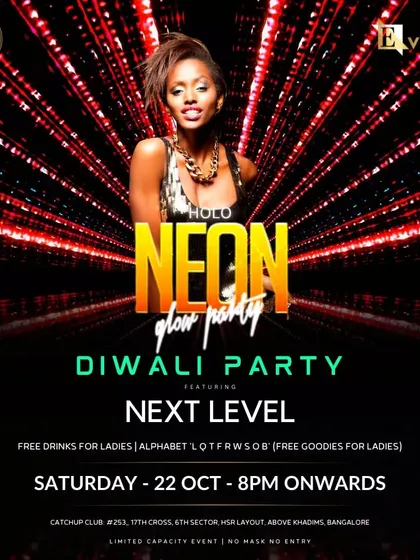 A Diwali-themed 'Holo Neon Glow Party'. We love to mix themes, bringing the festival of lights together with a modern, glowing party atmosphere.