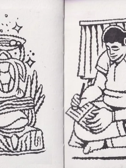 Two more ink drawings from my sketchbook. One is a surreal totem-like figure, and the other is a person engrossed in writing or drawing.