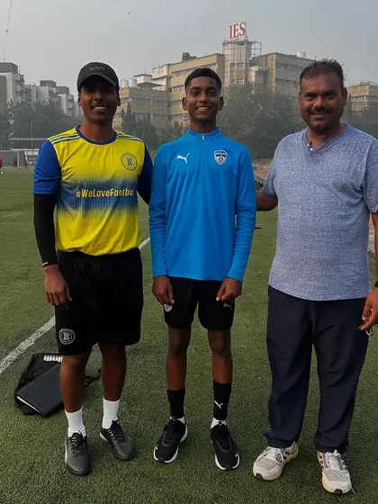 We build clear pathways to the top. Academy graduate Hamid Shaikh, who started with us as a U11 player, stands with his coaches after being selected for the elite residential Bengaluru FC Academy, a major step in his professional journey.
