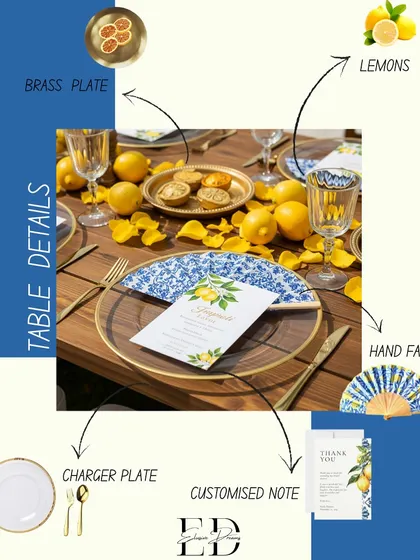A detailed look at the table setting, highlighting the custom-designed stationery, hand fan, and brass plate, all tied together with the lemon and tile motif.