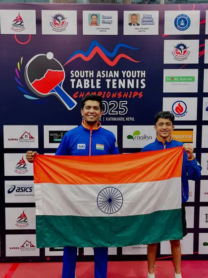 Our player Atharva holding the Indian flag after winning three golds and a bronze at the South Asian Championship in Kathmandu. We instill a deep sense of national pride in our athletes.