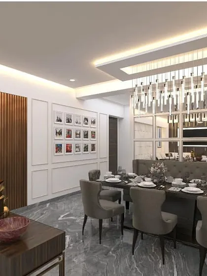 This 3D render shows a luxurious dining area design. The setup includes a large dining table with comfortable upholstered chairs, a statement chandelier, and a large mirror to make the space feel grander.