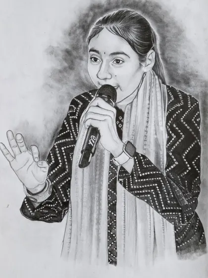 A portrait of Rajasthani singer Anita Jangid, done in graphite pencil. I wanted to capture her in her element, focusing on her expression while singing.