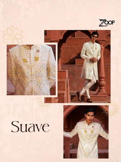 The Jazbaat Collection is defined by suave elegance. This collage showcases an intricately embroidered sherwani, perfect for a groom looking to make a sophisticated statement.