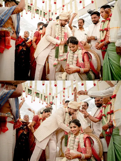 The sacred moment of tying the mangalsutra at Sushma and Athmic's wedding. The focus is on the ritual and the couple's serene expressions.