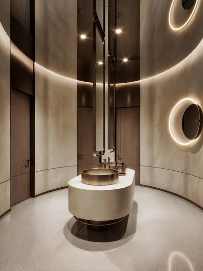 A visualization of a hotel's common washroom, featuring curved walls, a central island vanity, and minimalist ring lights for a futuristic and elegant feel.