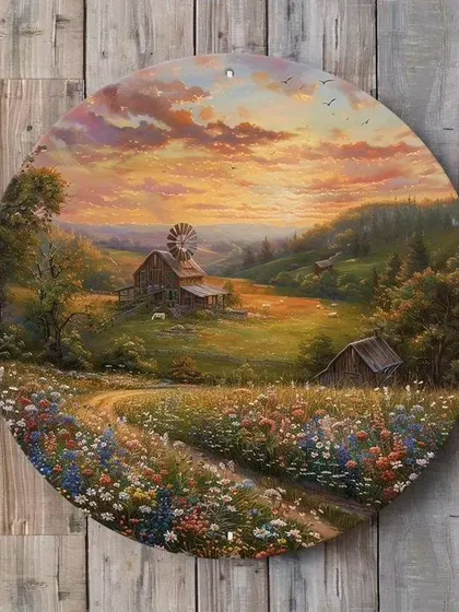 Our collection of circular landscape paintings offers a unique perspective on nature. These pieces, depicting everything from serene meadows and tranquil lakes to rustic farmhouses, are perfect for creating a charming focal point on any wall.