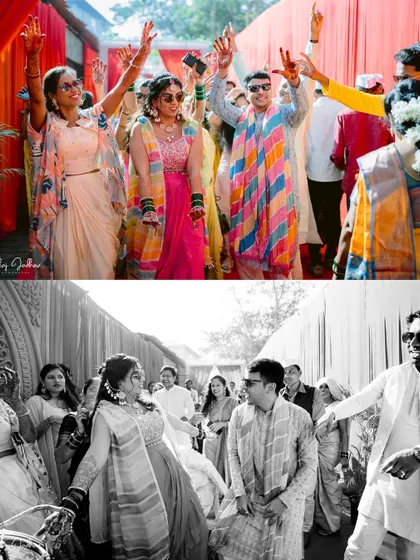 The couple and their friends making a grand, dancing entrance to the Haldi ceremony.