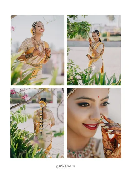A collage capturing the essence of this bride's look, from the detailed close-up of her makeup and jewellery to the full view of her elegant braid.