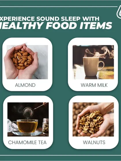 Struggling with sleep? Certain foods can help. This graphic shows items like almonds, warm milk, chamomile tea, and walnuts that can promote a more restful night.