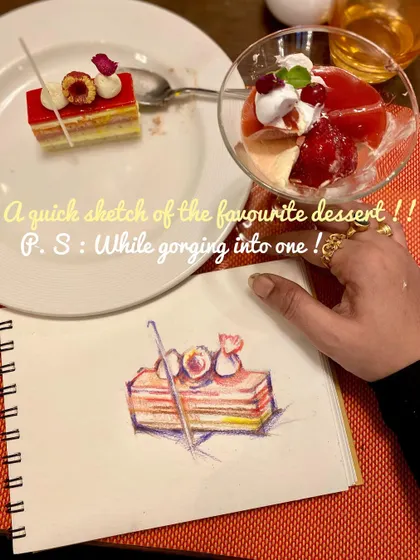 A quick colored pencil sketch of a favorite dessert, done while enjoying it. Sometimes a simple sketch is the best way to savor a moment.