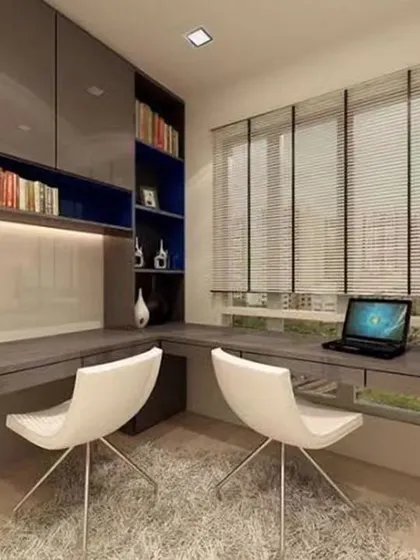 An L-shaped floating desk for two, with glossy overhead cabinets providing a modern and efficient workspace.