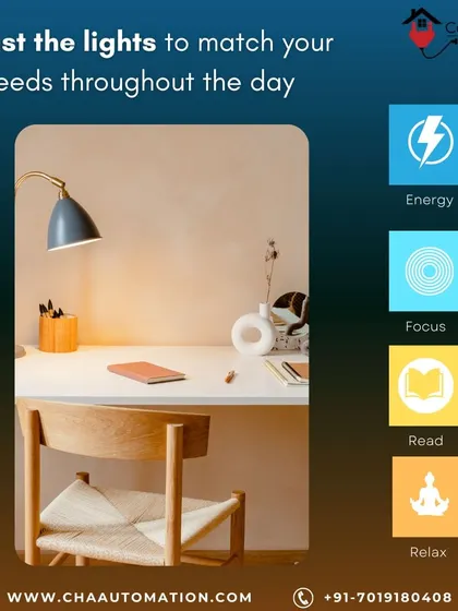 Adjust the lights to match your needs throughout the day. Our system offers preset modes like 'Energy', 'Focus', 'Read', and 'Relax', each with a specific lighting setting to enhance your activity.