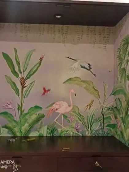 A custom-sized tropical mural featuring flamingos and cranes, designed to fit perfectly inside a display cabinet or pooja unit.