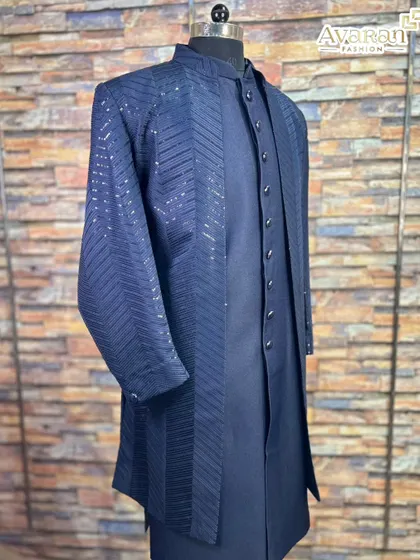 This angle shows the structure and drape of the Lakhnavi jacket, crafted to provide a sharp and sophisticated fit.